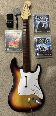 PlayStation 3 PS3 Rock Band Sunburst Wireless Guitar W Dongle 3 Games Rockband